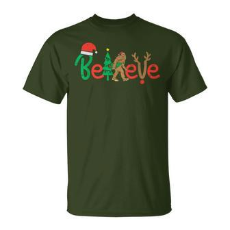 Believe Bigfoot Sasquatch Santa Reindeer Christmas Tree T-Shirt - Seseable