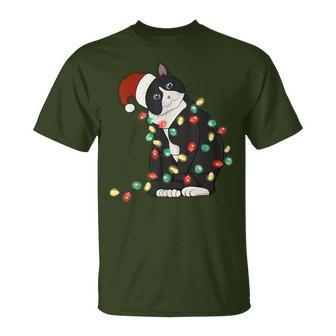 Black Cat Christmas Lights Cat Lover Xmas Pajama T-Shirt - Seseable
