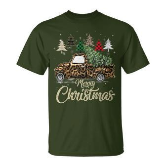 Buffalo Plaid Christmas Tree Red Truck With Leopard Print T-Shirt | Mazezy