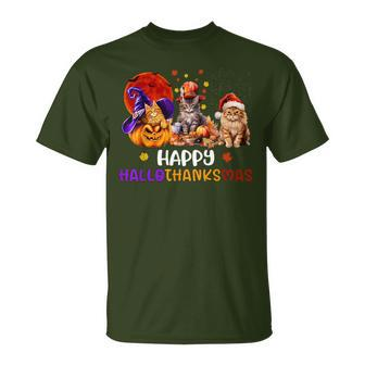 Cat Halloween Christmas Happy Hallothanksmas Thanksgiving T-Shirt - Monsterry CA