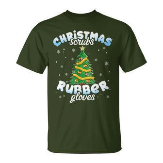 Christmas Scrubs Rubber Gloves Scrub Top Cute Tree Lights T-Shirt | Mazezy