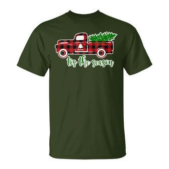 Christmas Tis The Season Plaid Vintage Truck T-Shirt | Mazezy