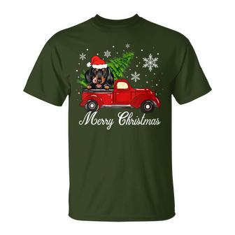 Dachshund Dog Riding Red Truck Christmas Decorations Pajama T-Shirt - Monsterry AU