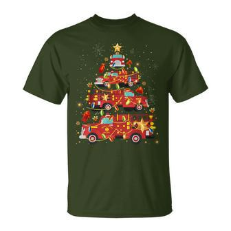 Fire Truck Tree Lights Christmas Firefighter Boys Pajamas T-Shirt | Mazezy