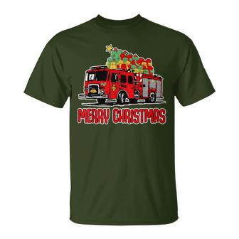 Firetruck Santa Sleigh Fireman Christmas Firefighter T-Shirt | Mazezy