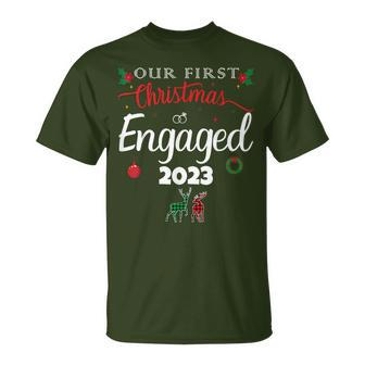 Our First Christmas Engaged 2023 Pajamas Couples Matching T-Shirt | Mazezy