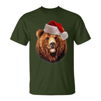 Grizzly Bear In Santa Hat Christmas T-Shirt | Mazezy