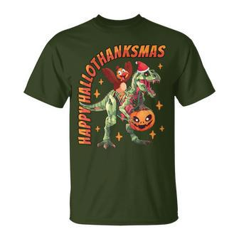 Happy Hallothanksmas T-Rex Halloween Thanksgiving Christmas T-Shirt - Monsterry UK