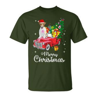 Jack Russell Terrier Ride Red Truck Christmas Pajama T-Shirt | Mazezy