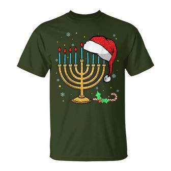 Menorah Santa Hat Chanukah Hanukkah Jewish Christmas Pajama T-Shirt - Monsterry AU