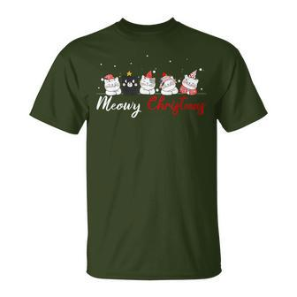 Meowy Catmas Santa Hat Xmas Cat Lover Christmas Lights T-Shirt - Seseable