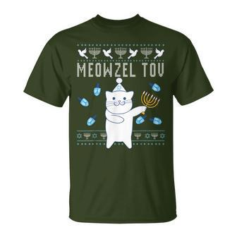 Meowzel Tov Jewish Christmas Cat Ugly Hanukkah T-Shirt - Monsterry