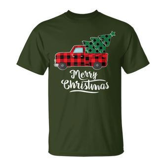 Merry Christmas Buffalo Plaid Christmas Tree Red Truck T-Shirt | Mazezy