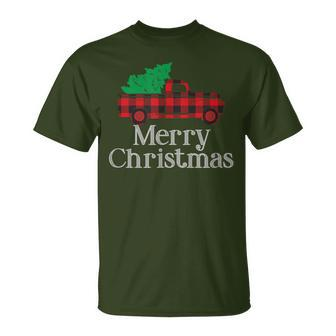 Merry Christmas Buffalo Plaid Vintage Truck Tree T-Shirt | Mazezy