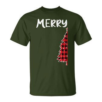 Merry Christmas Tree Buffalo Plaid Xmas Couples Matching T-Shirt | Mazezy