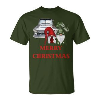 Merry Gnome Couple Old Pickup Truck Christmas Hotrod Holiday T-Shirt | Mazezy