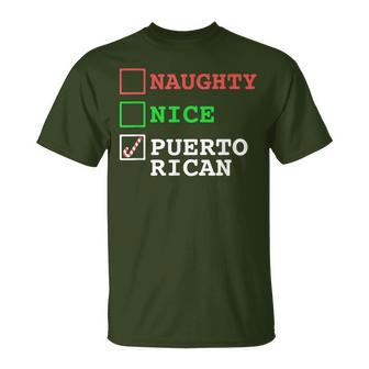 Naughty Nice Puerto Rican Rico Xmas Christmas Joke T-Shirt | Mazezy