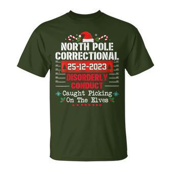 North Pole Correctional Disorderly Conduct Caught Elves Xmas T-Shirt - Monsterry