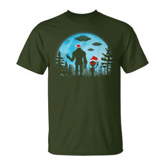 Santa Bigfoot And Alien Ufo Night Forest Christmas Sasquatch T-Shirt - Seseable