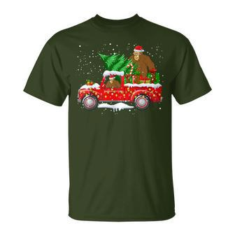 Santa Bigfoot Riding Red Truck & Xmas Tree Merry Christmas T-Shirt - Thegiftio UK