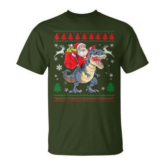Santa Riding Dino Trex Dinosaur Christmas Ugly Sweater T-Shirt | Mazezy