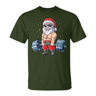 Santa Weightlifting Christmas Fitness Gym Deadlift Xmas T-Shirt - Seseable