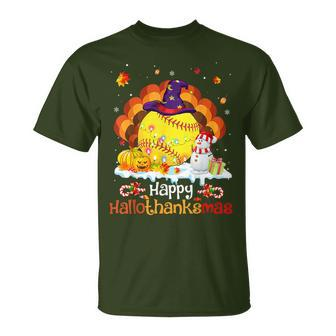 Softball Halloween Christmas Thanksgiving Hallothanksmas T-Shirt - Monsterry