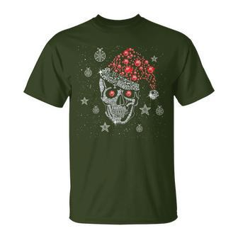Sugar Skull With Santa Hat Christmas Pajama Xmas T-Shirt - Monsterry