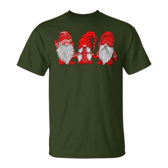 Three Gnomes In Red Costume Christmas Hanging With Gnomes T-Shirt | Mazezy