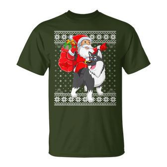 Ugly Xmas Sweater Style Santa Riding Malamute Dog Christmas T-Shirt | Mazezy