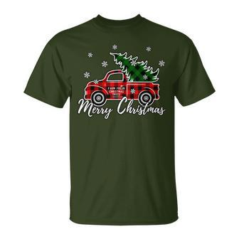 Vintage Red Plaid Truck Merry Christmas Snow Farm Fresh Tree T-Shirt | Mazezy