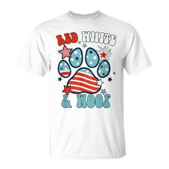 Red White And Woof Us Flag Dog Cat Mom Paw Groovy  Unisex T-Shirt