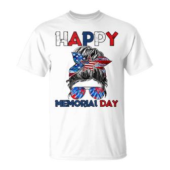 Happy Memorial Day 4Th Of July Messy Bun American Flag  Unisex T-Shirt