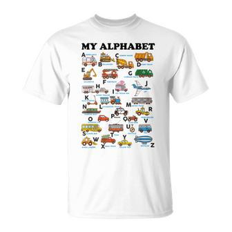 Alphabet Construction Vehicles Abc Learning Teaching Unisex T-Shirt - Seseable