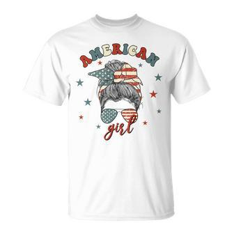 American-Girl Messy Bun 4Th Of July Patriotic Usa Mom Women Unisex T-Shirt | Mazezy
