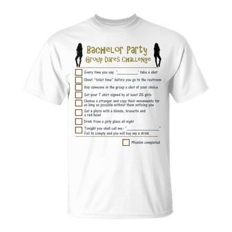 Bachelor Party Checklist Group Dares Challenge Stag Do Game T-Shirt | Mazezy