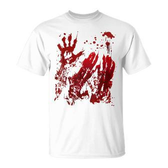 Bloody Handprint Red Blood Hands Splatters Zombie Outbreak Handprint T-Shirt | Mazezy