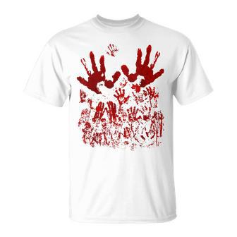 Bloody Handprint Red Blood Splatters Zombie Outbreak Costume Handprint T-Shirt | Mazezy
