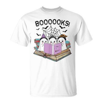 Boooks Cute Ghost Book Worm Nerd Halloween Spooky Party T-Shirt - Seseable