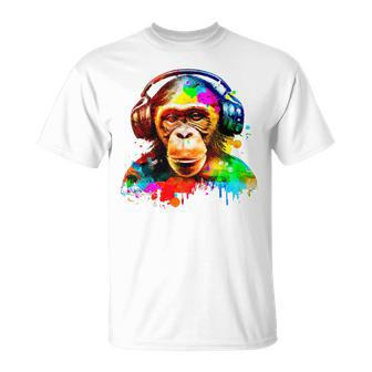 Chimpanzee With Headphones Unisex T-Shirt | Mazezy