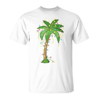 Christmas Lights Palm Tree Beach Tropical Xmas T-Shirt - Monsterry