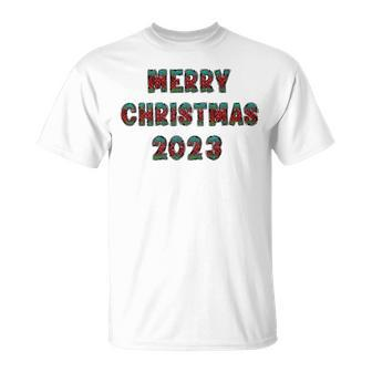 Christmas Plaid Doodle Letters Alpha Merry Christmas 2023 T-Shirt | Mazezy