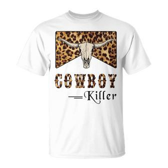 Cowboy Killer Western Retro Leopard Cow Skull Punchy Cowgirl Unisex T-Shirt | Mazezy