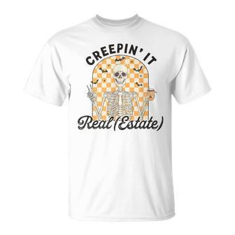 Creepin It Real Estate Skeleton Halloween Real Estate Agent T-Shirt - Monsterry