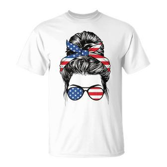 Cute 4Th Of July Messy Bun Woman American Flag Patriotic Usa  Unisex T-Shirt