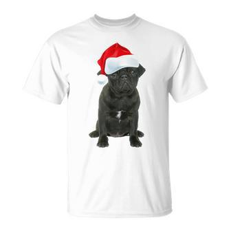 Cute Black Pug Santa Hat Matching Christmas Fun T-Shirt - Seseable