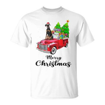 Doberman Pinscher Ride Red Truck Christmas Pajama T-Shirt | Mazezy
