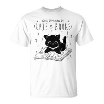 Easily Distracted By Cats And Books Cat & Book Lover T-Shirt - Seseable