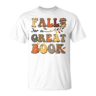Fall For A Great Book Retro Leopard Autumn Thanksgiving Thanksgiving Funny Gifts Unisex T-Shirt | Mazezy