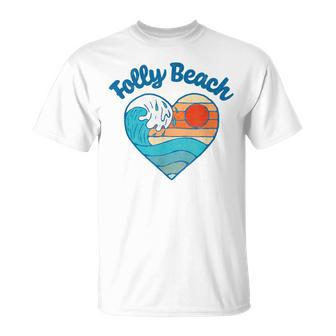 Folly Beach Lover Retro Heart Surf & Wave Graphic T-Shirt | Mazezy